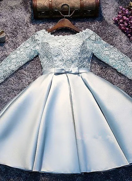 Light Blue Satin and Lace Long Sleeves Party Dress, Cute Short Graduation Dress