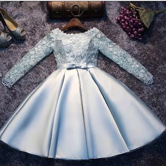 Light Blue Satin and Lace Long Sleeves Party Dress, Cute Short Graduation Dress