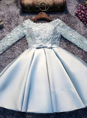 Light Blue Satin and Lace Long Sleeves Party Dress, Cute Short Graduation Dress