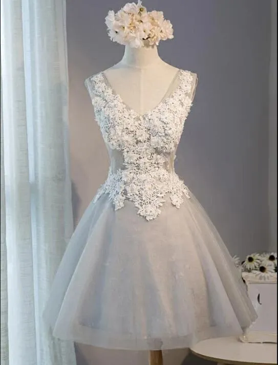 Light Grey Knee Length Tulle and Lace Party Dress, Grey Homecoming Dresses