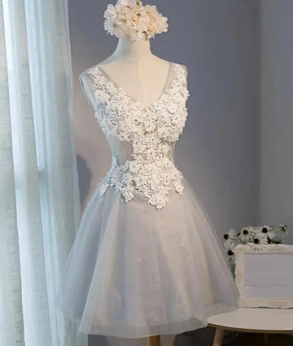 Light Grey Knee Length Tulle and Lace Party Dress, Grey Homecoming Dresses