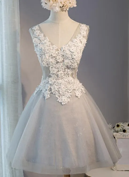 Light Grey Knee Length Tulle and Lace Party Dress, Grey Homecoming Dresses