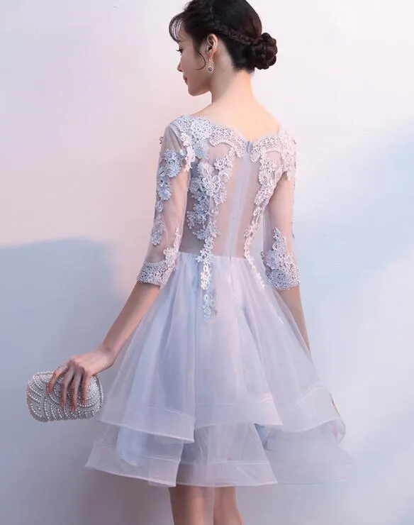 Light Grey Short Sleeves Layer Homecoming Dress, Cute Party Dress