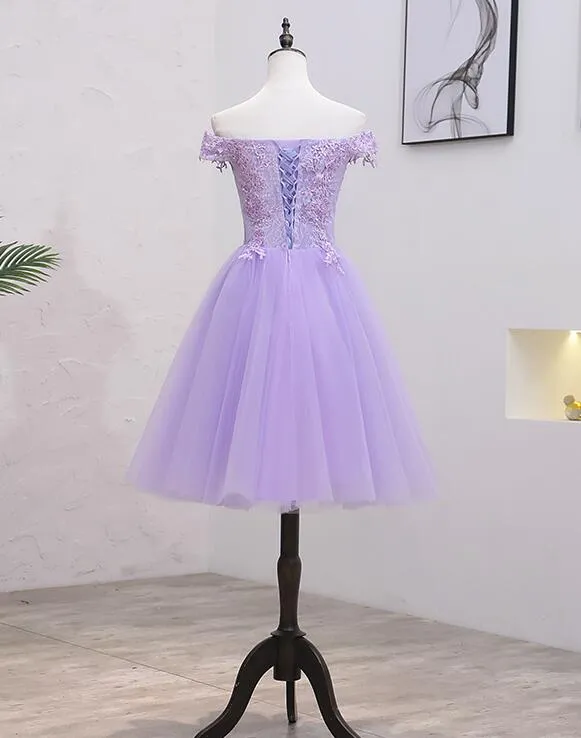 Light Purple Lace and Tulle Off the Shoulder Homecoming Dress, Short Party Dress