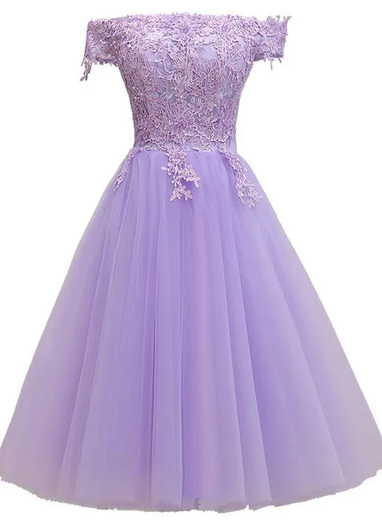 Light Purple Lace and Tulle Off the Shoulder Homecoming Dress, Short Party Dress