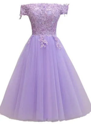Light Purple Lace and Tulle Off the Shoulder Homecoming Dress, Short Party Dress