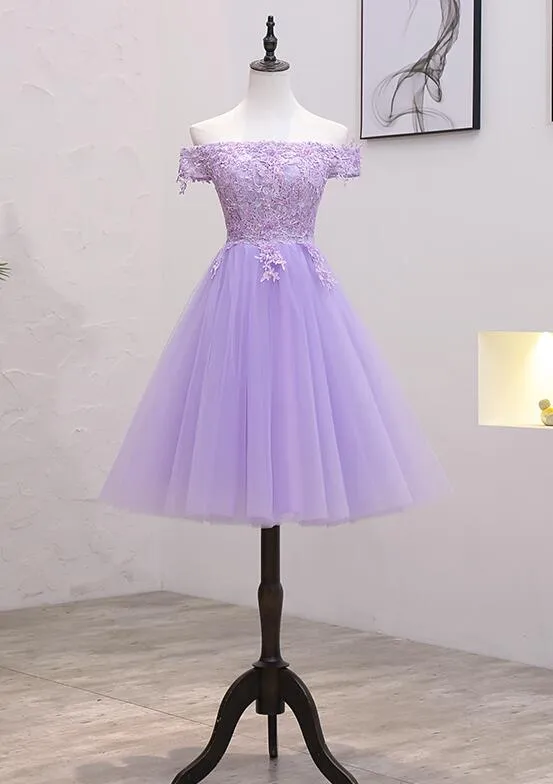Light Purple Lace and Tulle Off the Shoulder Homecoming Dress, Short Party Dress
