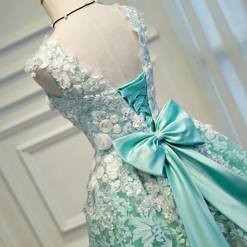 Lovely Green Lace with Floral Party Dress, Cute Short Prom Dress