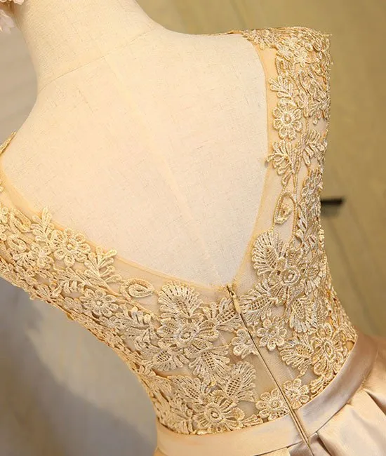 Lovely Satin Gold with Lace Knee Length Prom Dress, Short Party Dress