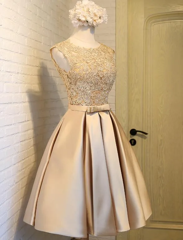 Lovely Satin Gold with Lace Knee Length Prom Dress, Short Party Dress