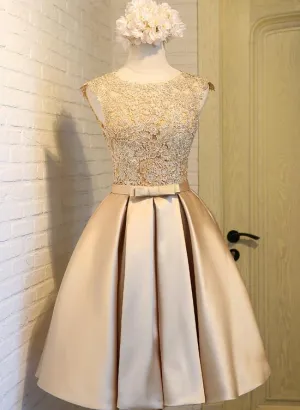 Lovely Satin Gold with Lace Knee Length Prom Dress, Short Party Dress