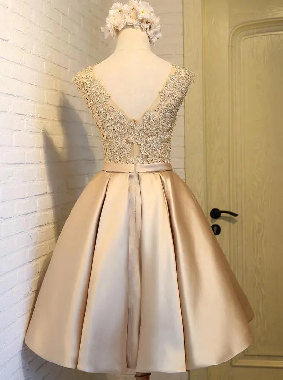 Lovely Satin Gold with Lace Knee Length Prom Dress, Short Party Dress
