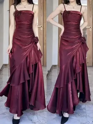 Lovely Square Neckline Wine Red Party Dress, Wine Red Spaghetti Straps Prom Dress