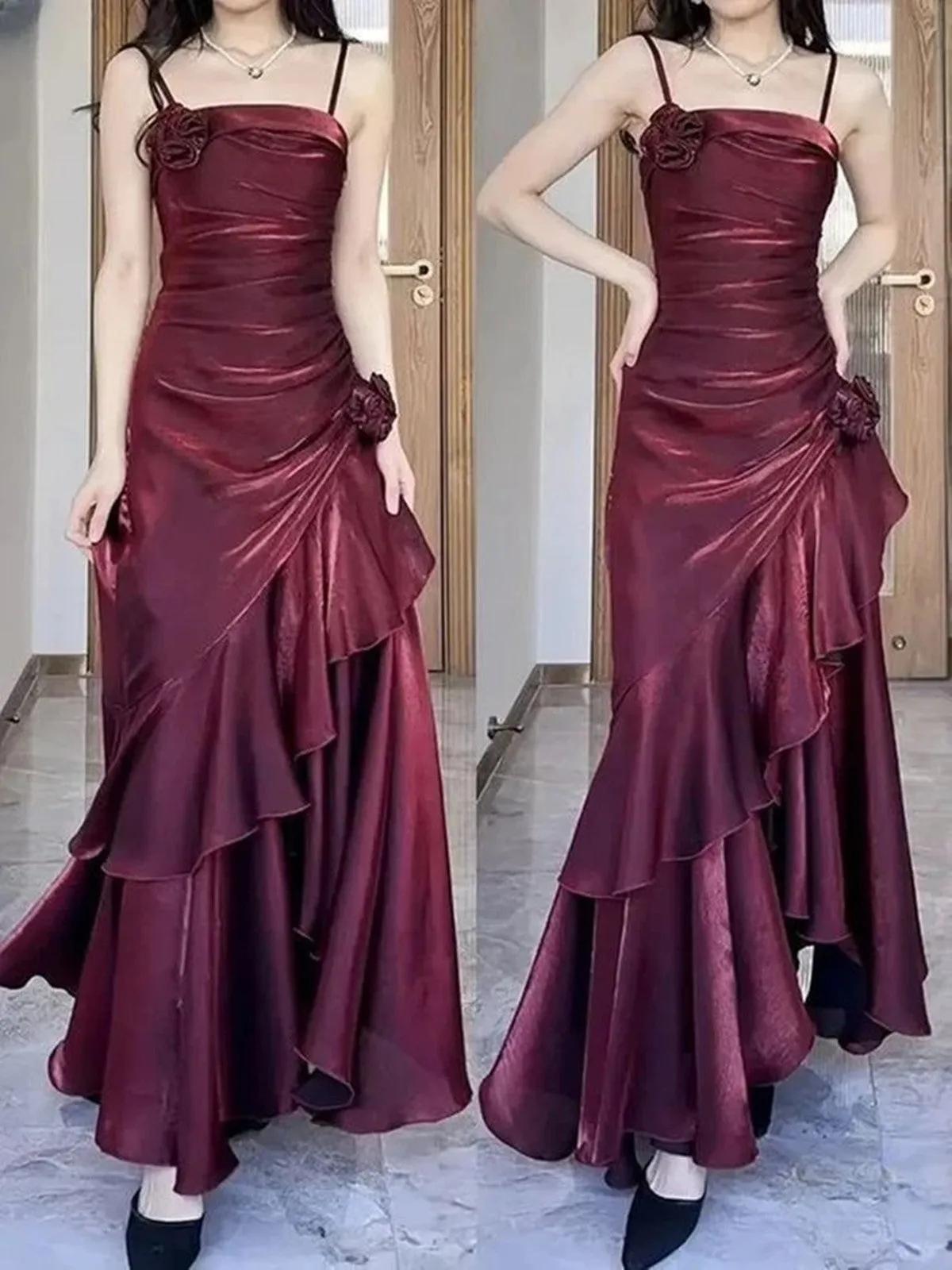 Lovely Square Neckline Wine Red Party Dress, Wine Red Spaghetti Straps Prom Dress