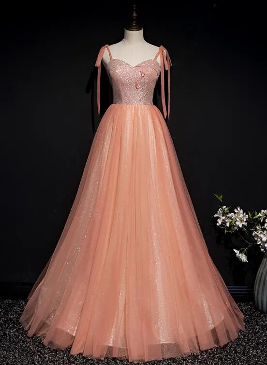 Lovely Tulle Sparkle Straps Long Formal Gown, Pink Prom Dress