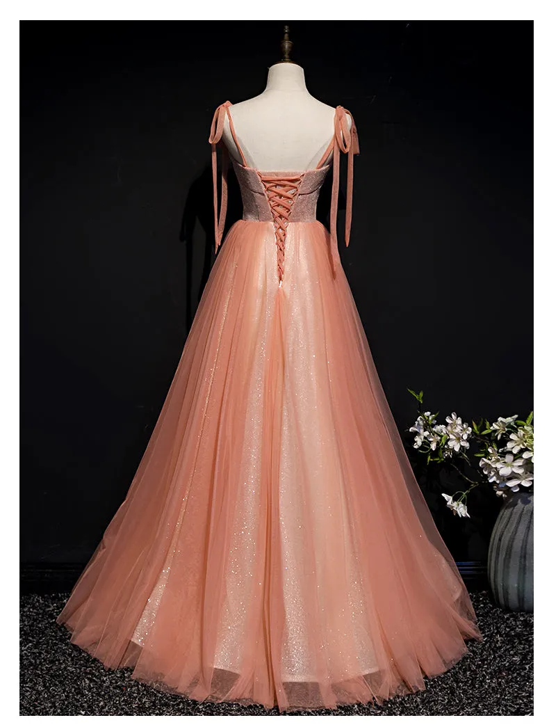 Lovely Tulle Sparkle Straps Long Formal Gown, Pink Prom Dress
