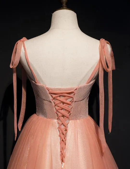 Lovely Tulle Sparkle Straps Long Formal Gown, Pink Prom Dress