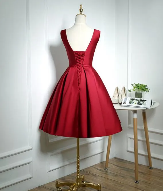 Lovely Wine Red Satin Homecoming Dress, Short Bridesmaid Dress