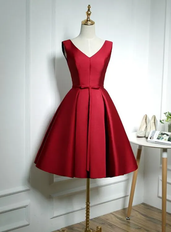 Lovely Wine Red Satin Homecoming Dress, Short Bridesmaid Dress