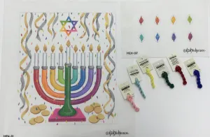 MEN-01 - Menorah Set – Rainbow Confetti with Individual Flames – multi bright colors with silver & gold