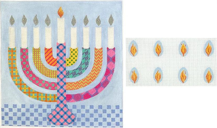 MEN-02: Menorah Set – Bright Funky Patterns w/ Damask Background with Individual Flames – multi colors