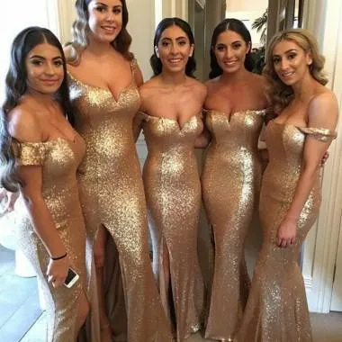 Mismatched Sexy Side Slit Off Shoulder Gold Bridesmaid Dresses Online, WG326
