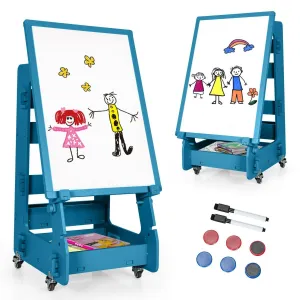 Mobile Montessori Height Adjustable Wood Easel | Magnetic Whiteboard | Magnets | Storage  | 3 years  