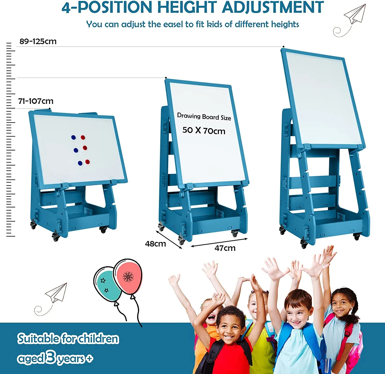 Mobile Montessori Height Adjustable Wood Easel | Magnetic Whiteboard | Magnets | Storage  | 3 years  