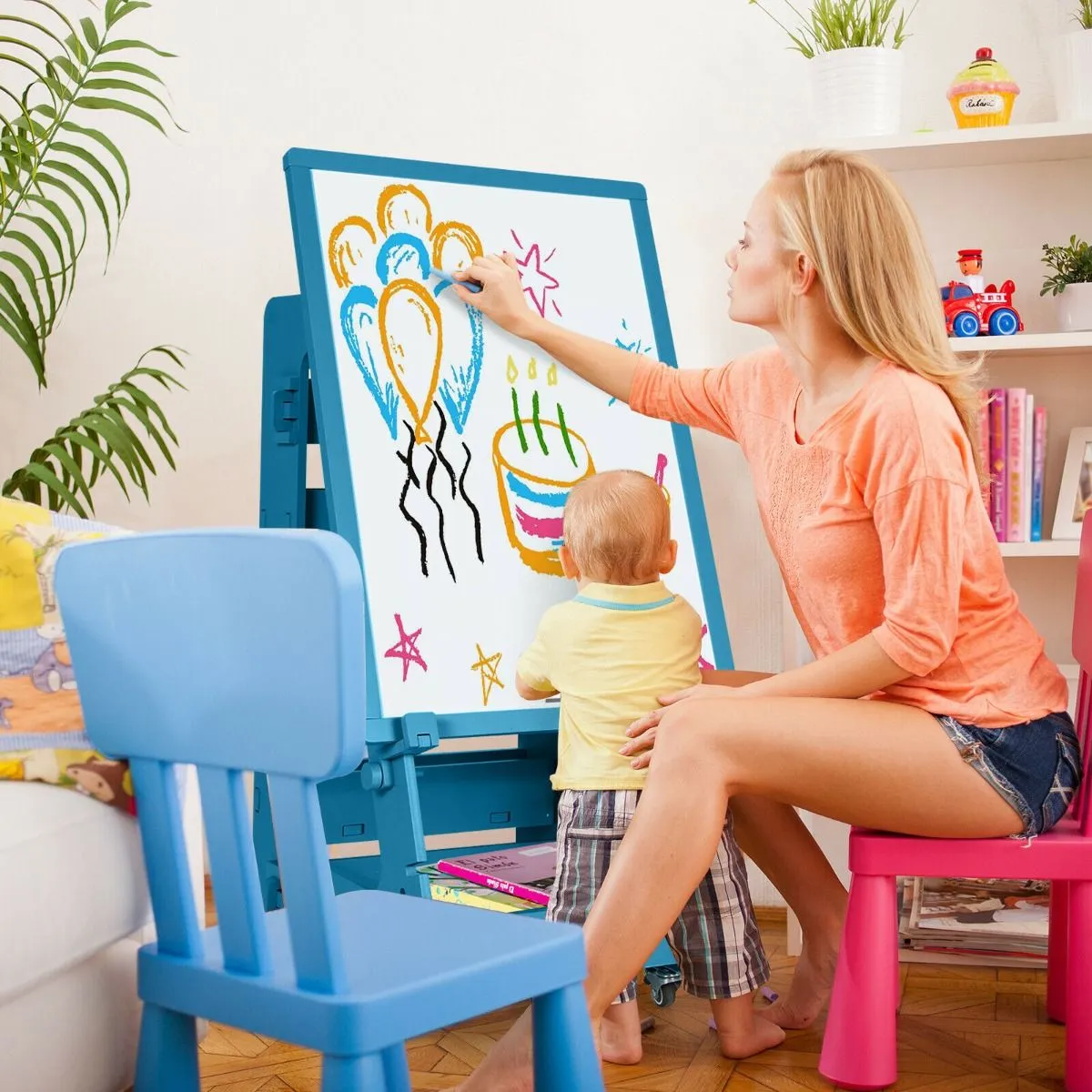 Mobile Montessori Height Adjustable Wood Easel | Magnetic Whiteboard | Magnets | Storage  | 3 years  