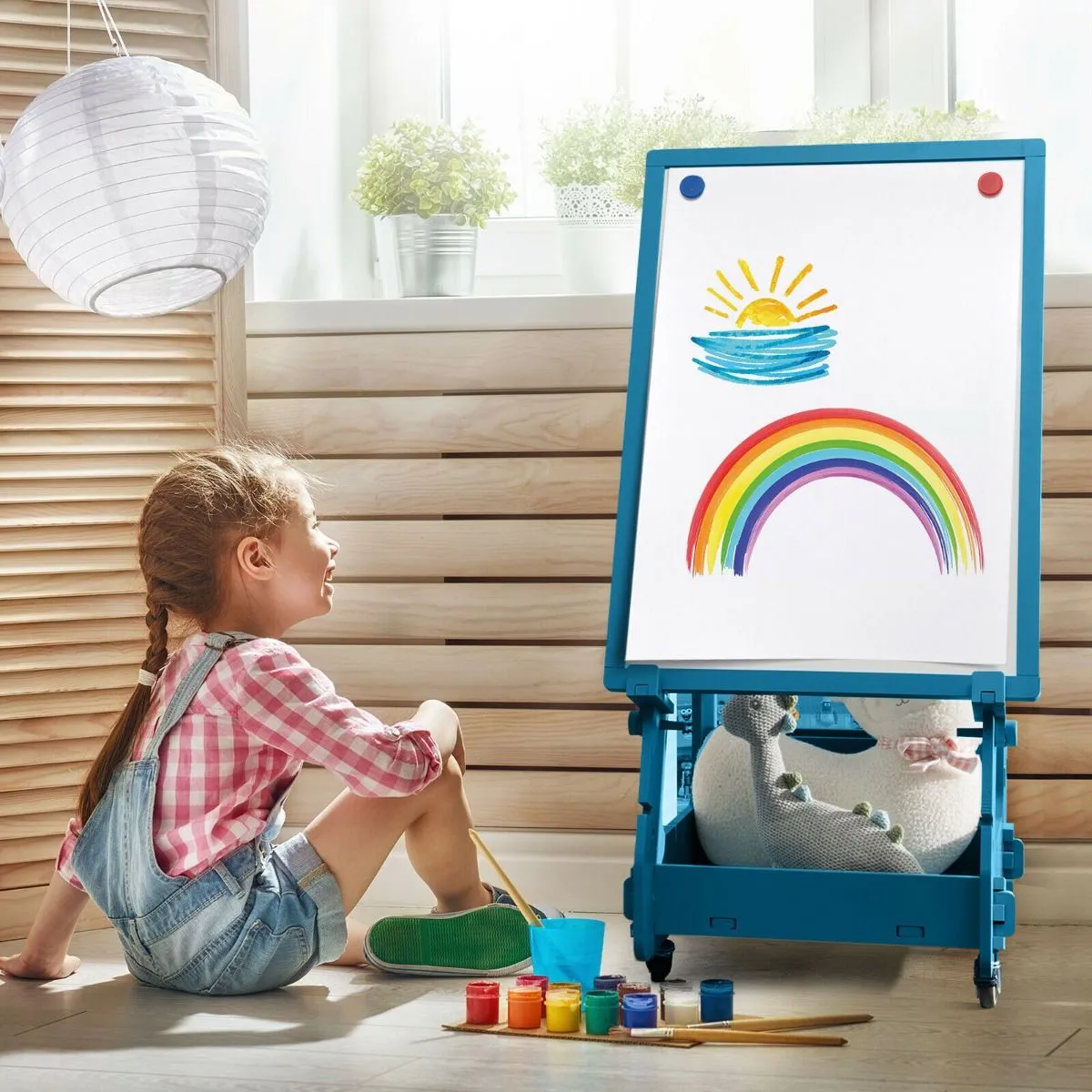 Mobile Montessori Height Adjustable Wood Easel | Magnetic Whiteboard | Magnets | Storage  | 3 years  