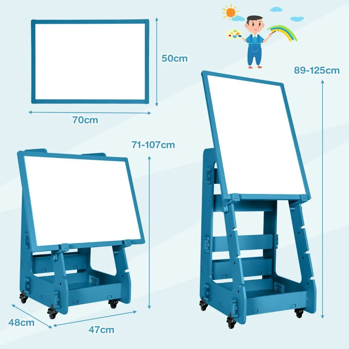 Mobile Montessori Height Adjustable Wood Easel | Magnetic Whiteboard | Magnets | Storage  | 3 years  