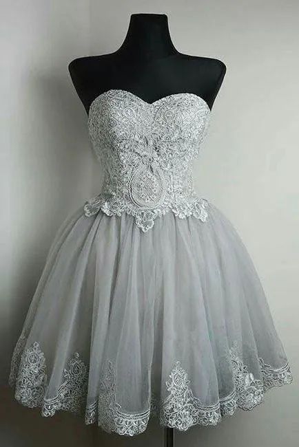 New Strapless Sweetheart Neck Grey Homecoming Dress Lace Appliqued Short Prom Dresses OK369