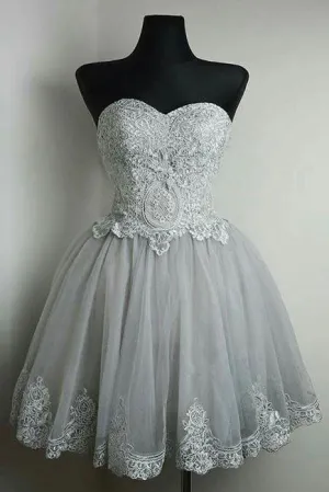 New Strapless Sweetheart Neck Grey Homecoming Dress Lace Appliqued Short Prom Dresses OK369