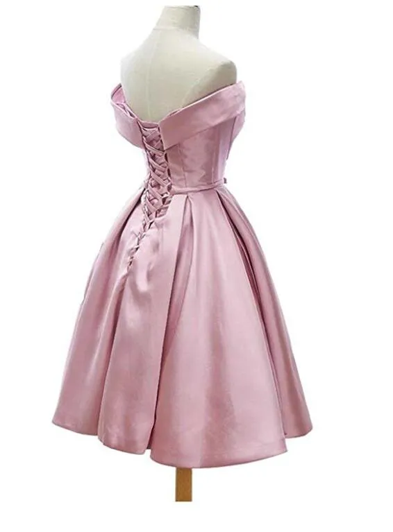 Off Shoulder Satin Burgundy Lace-up Homecoming Dress, Short Party Dress, Red Party Dresses
