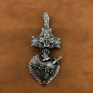 PTH57a  Multi Layer Cross Heart with Sword Pendant
