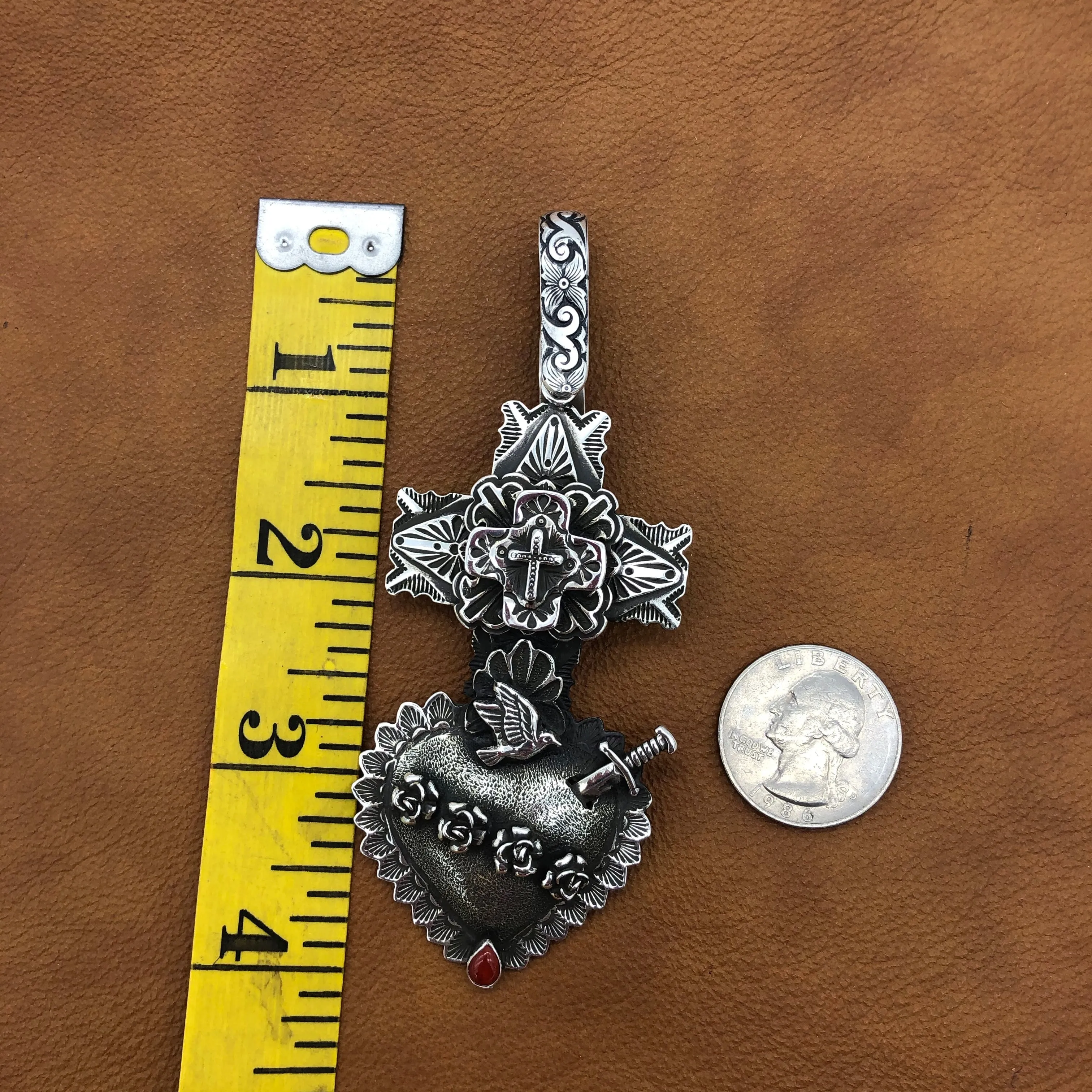 PTH57a  Multi Layer Cross Heart with Sword Pendant