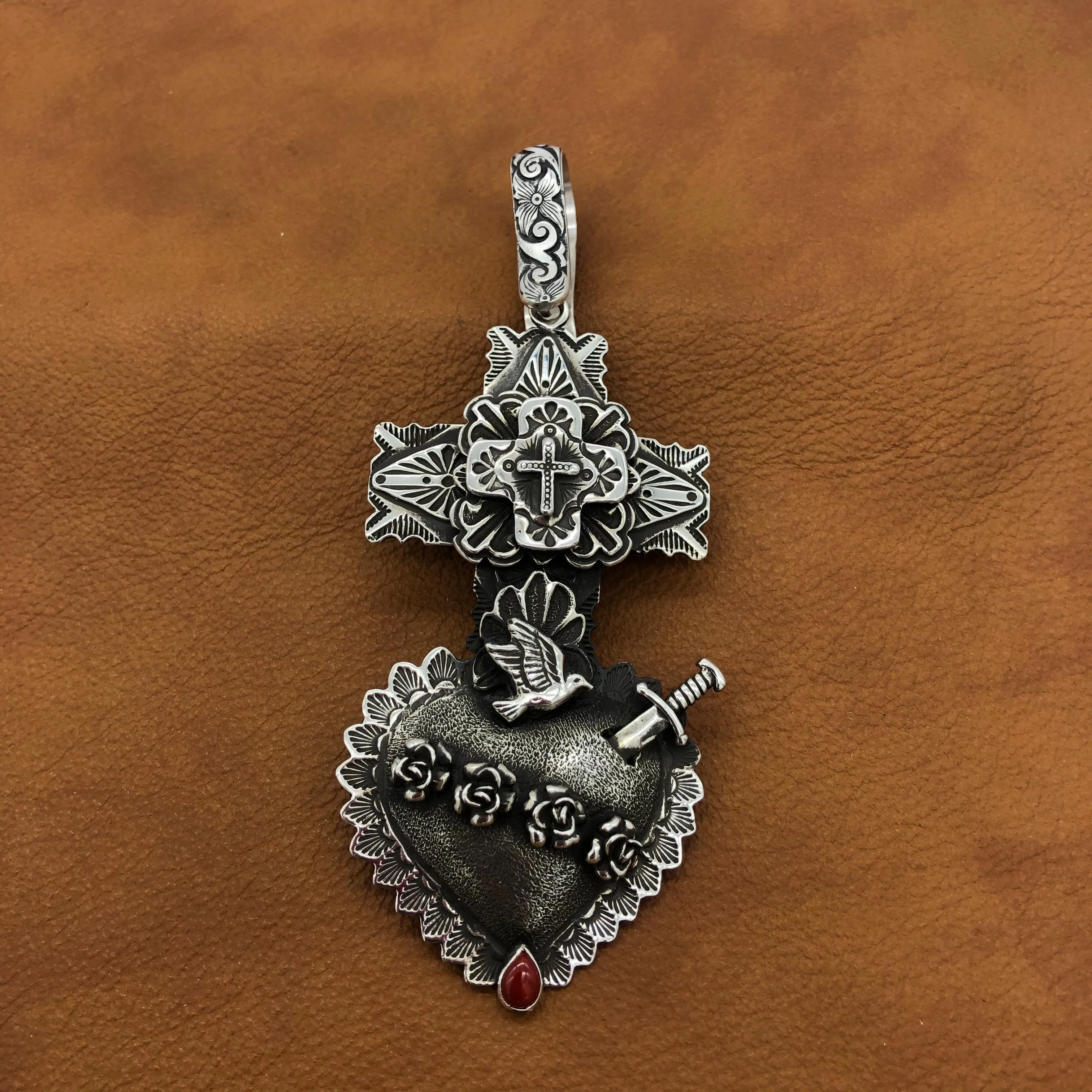 PTH57a  Multi Layer Cross Heart with Sword Pendant