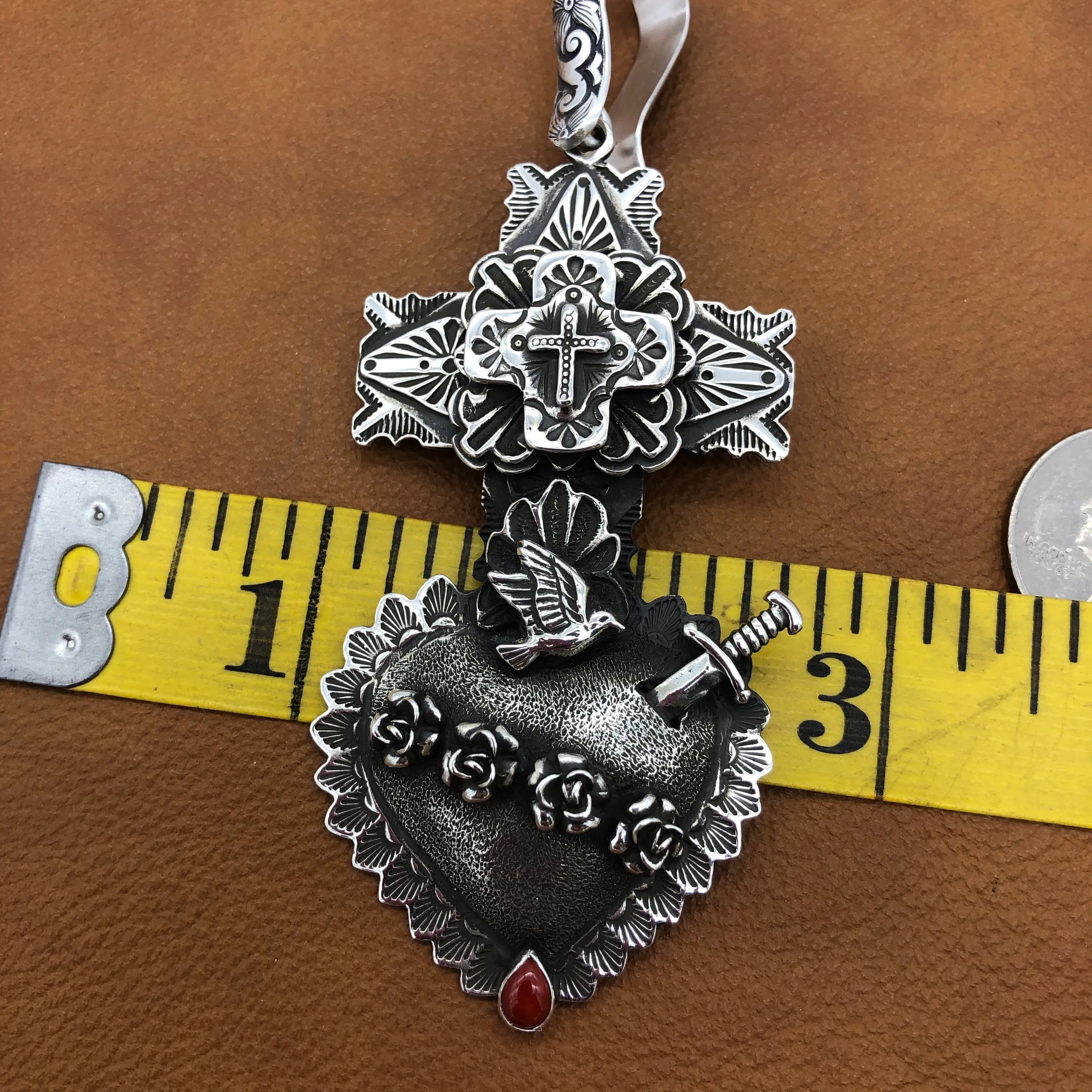 PTH57a  Multi Layer Cross Heart with Sword Pendant