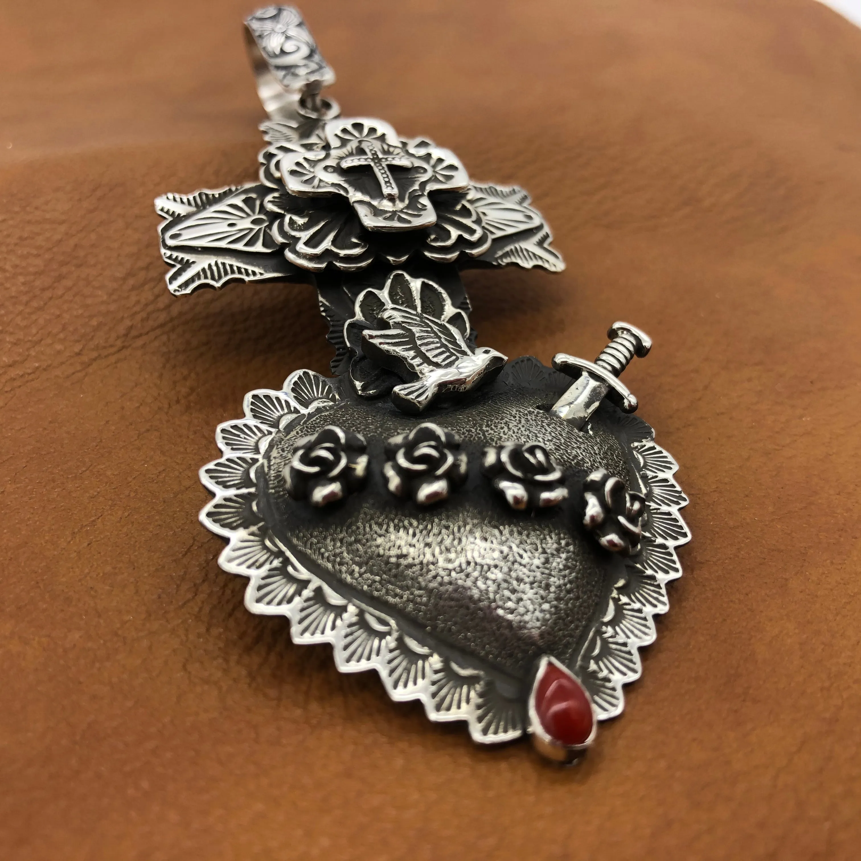 PTH57a  Multi Layer Cross Heart with Sword Pendant
