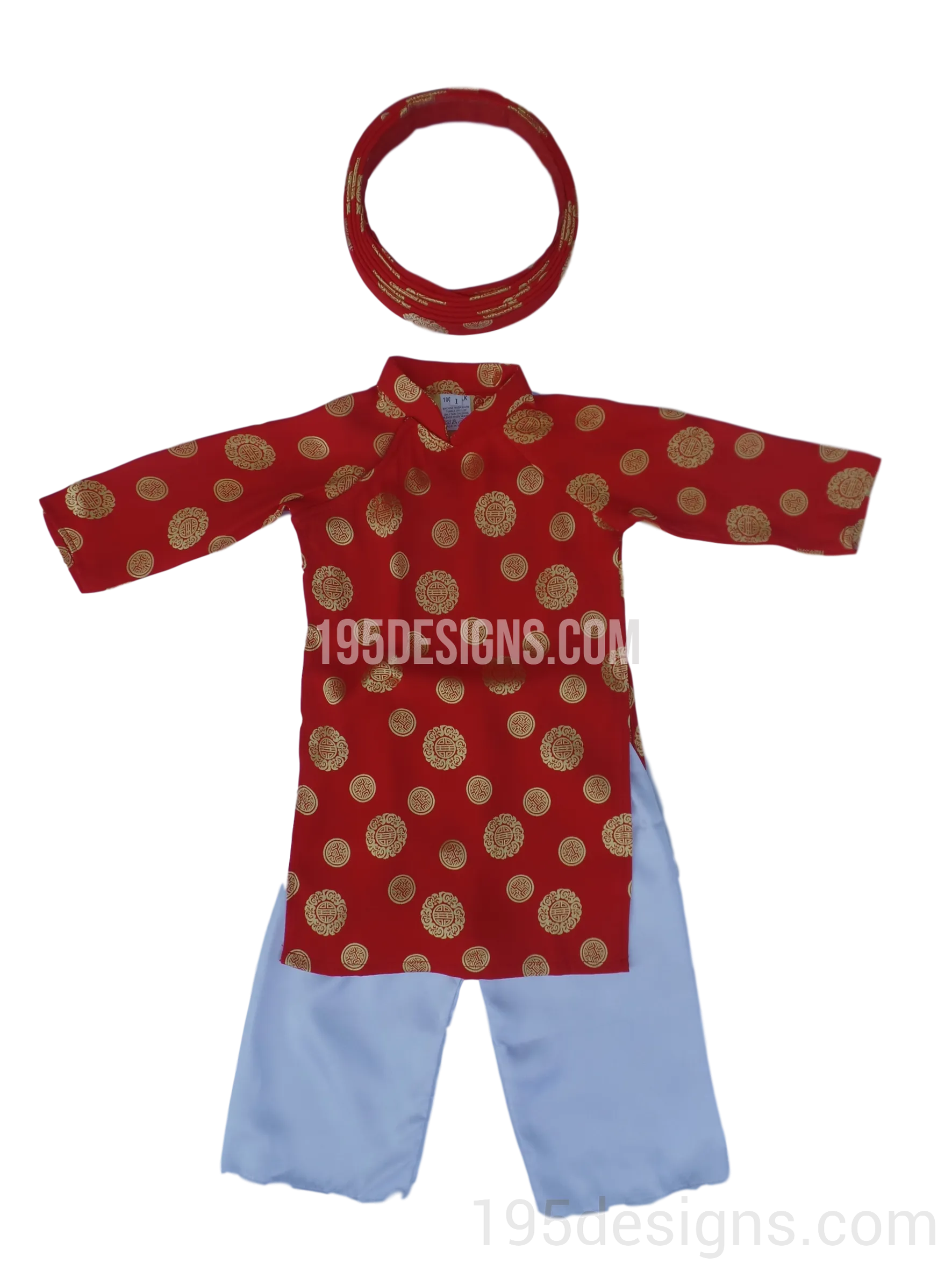 Red Ao Dai Baby Girl Viet Nam Traditional Long Dress Kid Set - Gấm Đỏ
