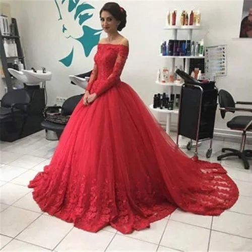 Red Ball Gown Off Shoulder Lace Tulle Long Sleeves Sweep Train Prom Dress, Wedding Dress, M252
