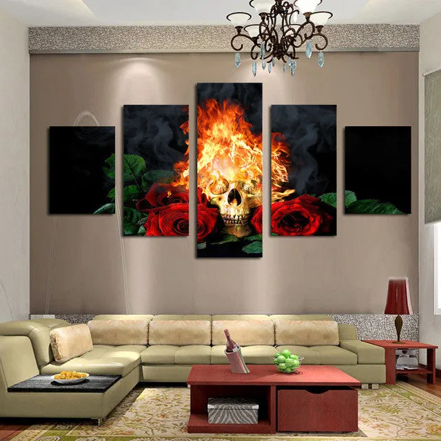 Red Rose And Fire Skull Canvas Wall Art