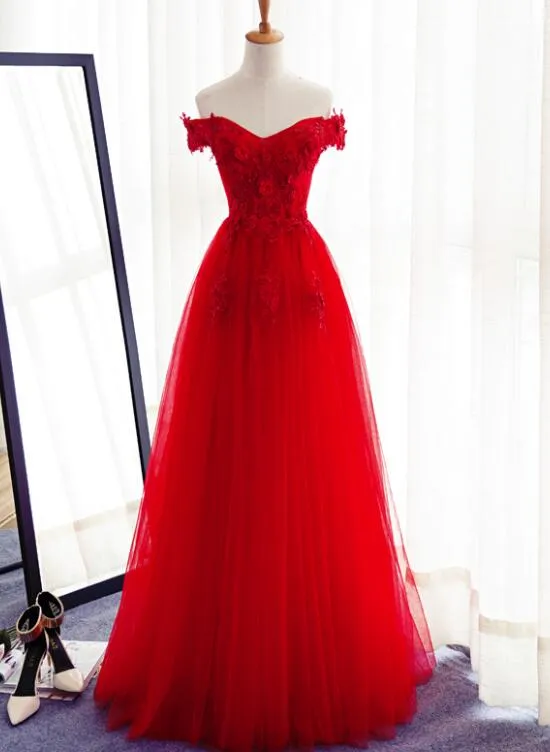 Red Tulle Floor Length Floral Prom Gowns, Red Prom Dress , Off Shoulder Party Dress