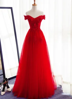 Red Tulle Floor Length Floral Prom Gowns, Red Prom Dress , Off Shoulder Party Dress