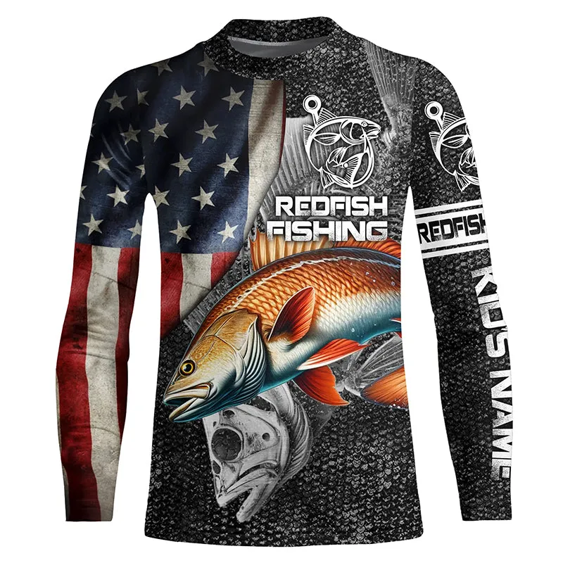Redfish American flag patriotic Customize Name UV protection long sleeves fishing shirt for kid NPQ59