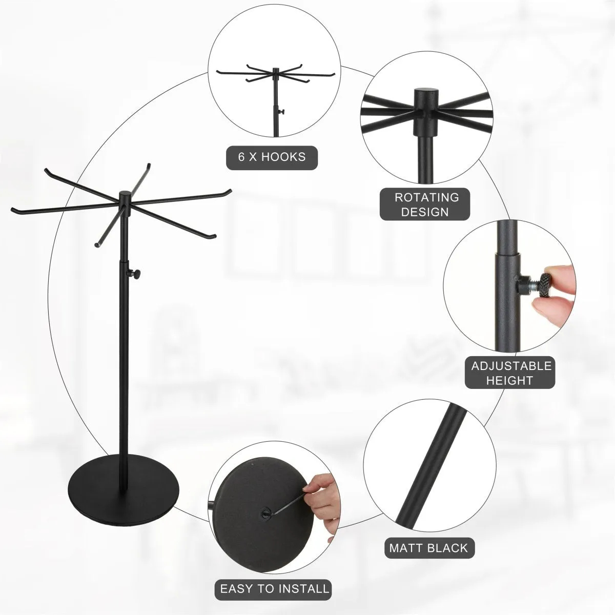 Rotating Keychain Display Stand - Height-adjustable Black Metal Jewelry Organizer