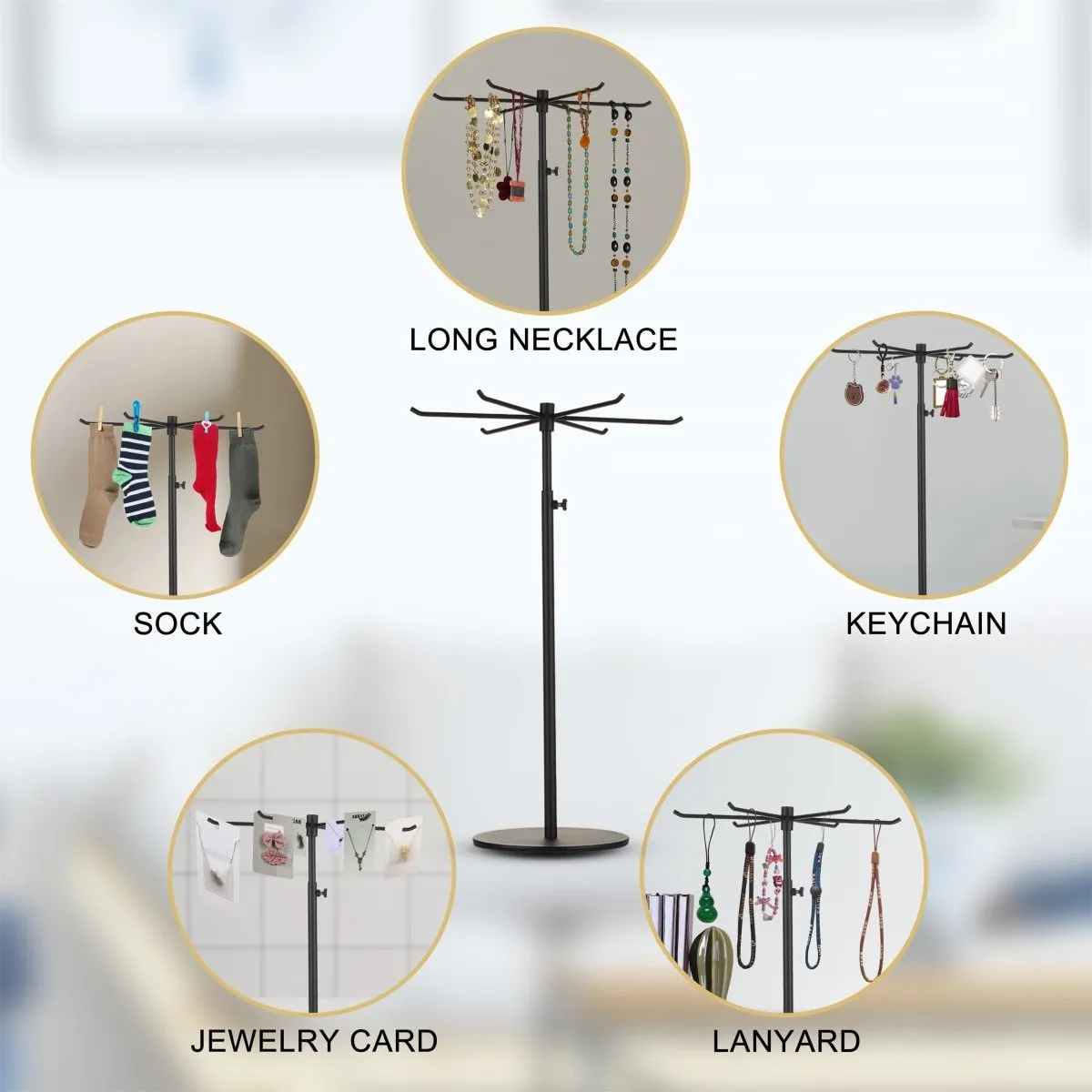 Rotating Keychain Display Stand - Height-adjustable Black Metal Jewelry Organizer