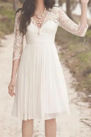 Roycebridal White A Line Vintage Knee Length 3/4 Sleeve Lace Wedding Dresses, MW248