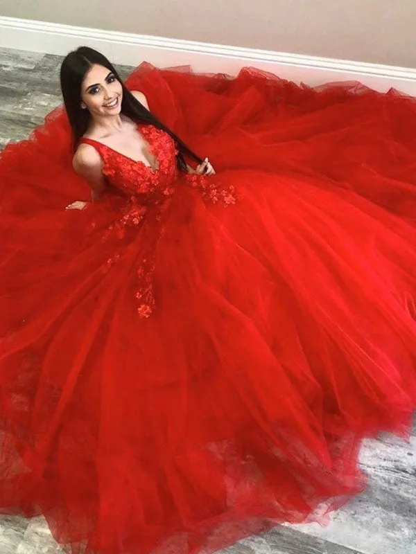 Sexy Red Floral V-neck Sleeveless A-line Long Prom Dress, PD3187