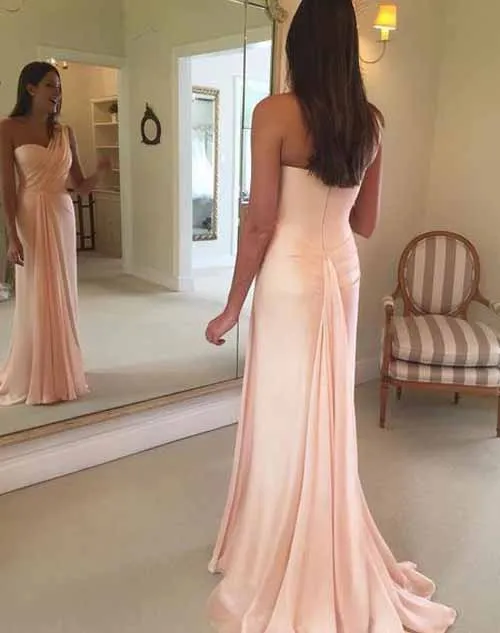 Simple Blush Pink Chiffon One Shoulder Mermaid Long Prom Dresses, SP355